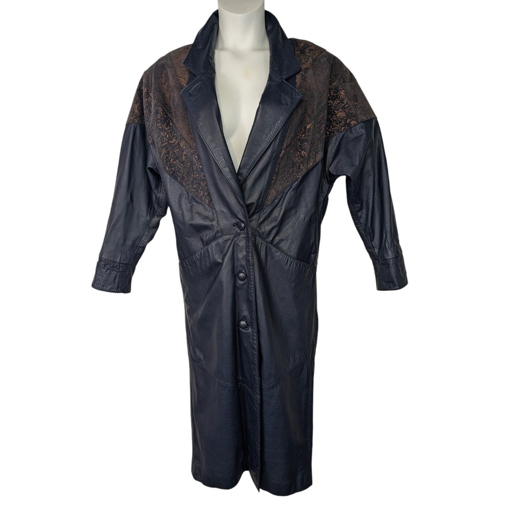 Vintage Leather Coat Long XS Gold Leaves‎ Trench 80s Rock Glam Y2K Indie Sleeze